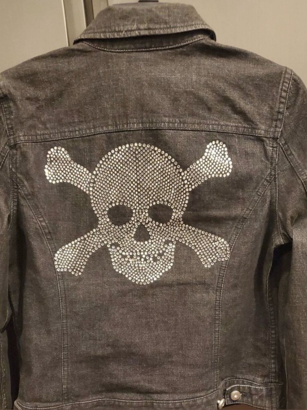 INC international concepts Black Womens' Denim Jacket with Rhinestone Skull-